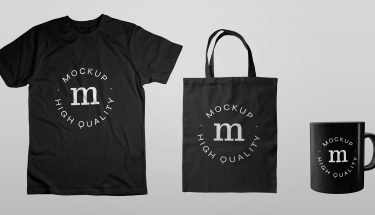 دانلود موکاپ ماگ تی شرت و شاپینگ بگ Pack Of Black Tshirt Tote Bag And Mug Mockup