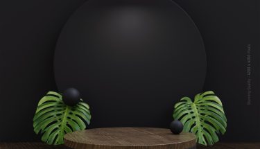 Wood podium stage display mockup for product presentation decorated with tropical palm leaves