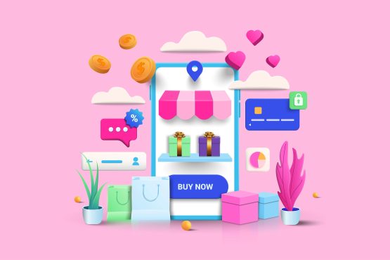 دانلود وکتور طرح فروشگاه آنلاین Online shopping illustration on pink background